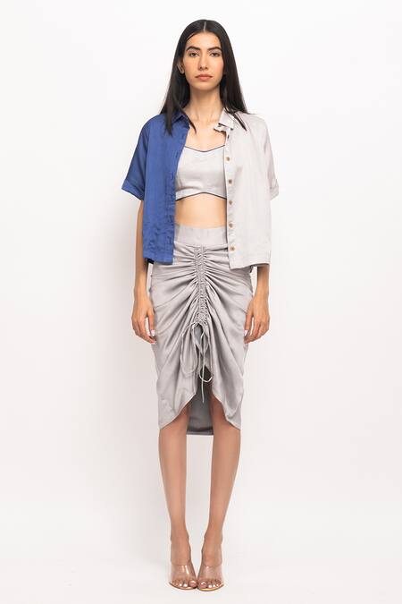 Neora By Nehal Chopra_Grey Collared, V-neck Cropped Shirt Skirt Set _Online_at_Aza_Fashions