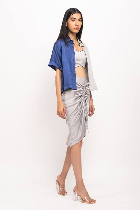 Buy_Neora By Nehal Chopra_Grey Collared, V-neck Cropped Shirt Skirt Set _Online_at_Aza_Fashions