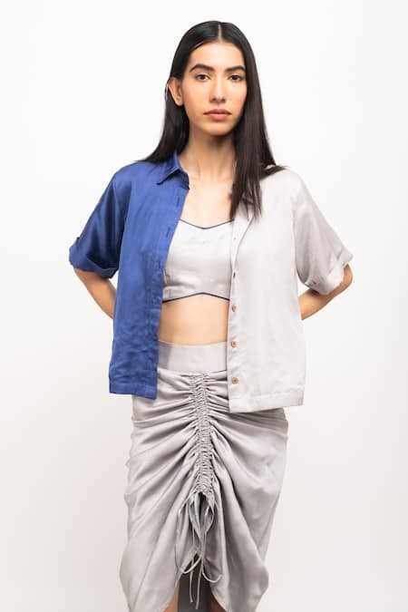 Shop_Neora By Nehal Chopra_Grey Collared, V-neck Cropped Shirt Skirt Set _Online_at_Aza_Fashions
