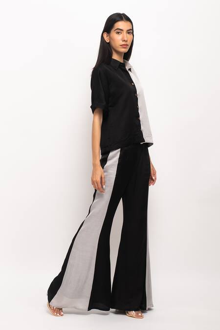 Neora By Nehal Chopra_Black Silk Collared Half Sleeve Shirt And Pant Set _Online_at_Aza_Fashions