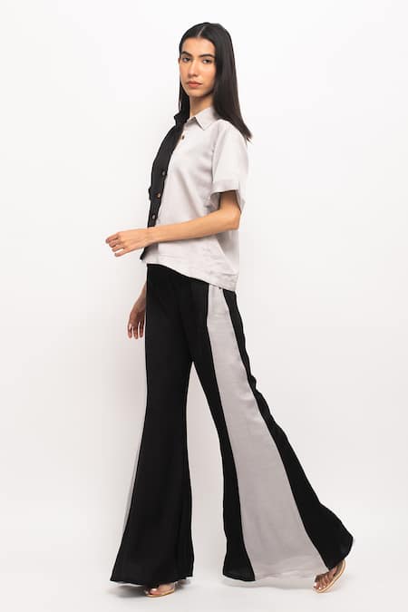 Buy_Neora By Nehal Chopra_Black Silk Collared Half Sleeve Shirt And Pant Set _Online_at_Aza_Fashions