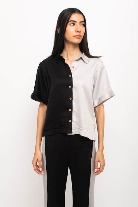 Shop_Neora By Nehal Chopra_Black Silk Collared Half Sleeve Shirt And Pant Set _Online_at_Aza_Fashions