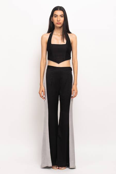 Neora By Nehal Chopra_Black Halter Neck Bustier And Flared Pant Set _Online_at_Aza_Fashions