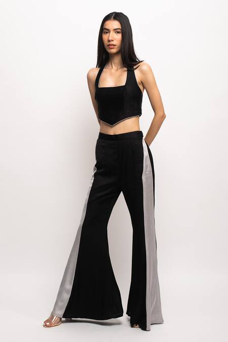Buy_Neora By Nehal Chopra_Black Halter Neck Bustier And Flared Pant Set _Online_at_Aza_Fashions
