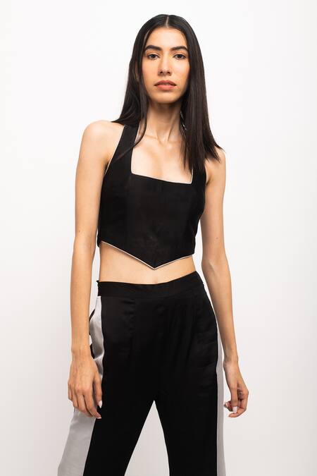 Neora By Nehal Chopra_Black Halter Neck Bustier And Flared Pant Set _at_Aza_Fashions