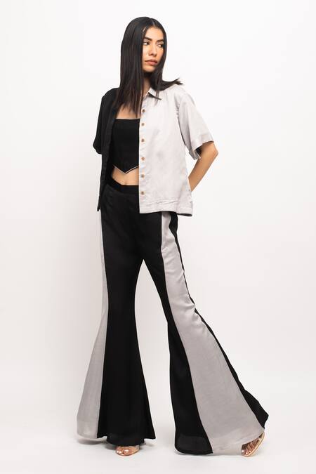 Buy_Neora By Nehal Chopra_Black Bamboo Collared, Halter Neck Front Buttoned Shirt Pant Set _Online_at_Aza_Fashions