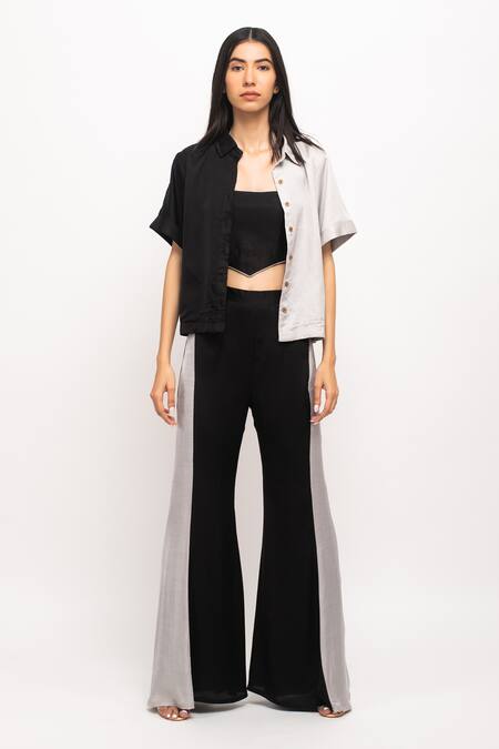 Shop_Neora By Nehal Chopra_Black Bamboo Collared, Halter Neck Front Buttoned Shirt Pant Set 