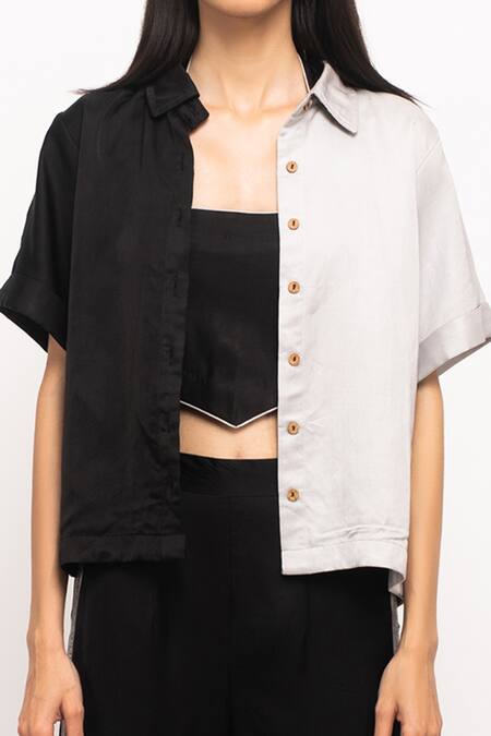 Neora By Nehal Chopra_Black Silk Cut Work, Ruffles Collared, Halter Neck Buttoned Shirt Pant Set _Online_at_Aza_Fashions