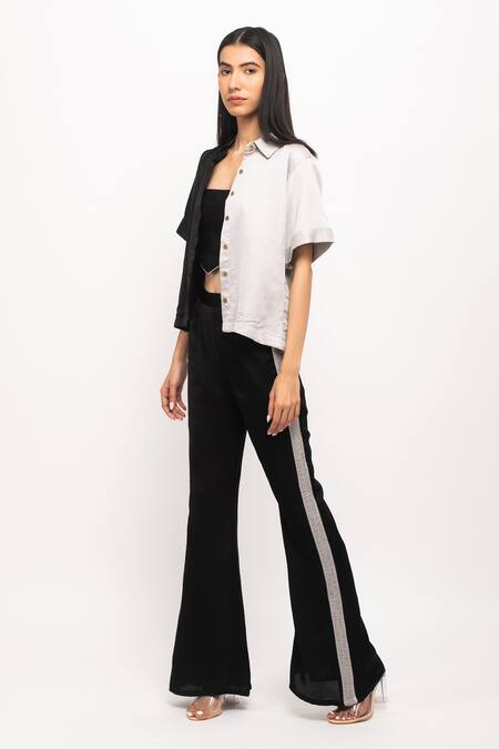 Shop_Neora By Nehal Chopra_Black Silk Cut Work, Ruffles Collared, Halter Neck Buttoned Shirt Pant Set _Online_at_Aza_Fashions