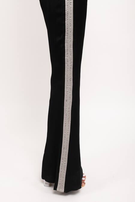 Neora By Nehal Chopra_Black Silk Cut Work, Ruffles Collared, Halter Neck Buttoned Shirt Pant Set _at_Aza_Fashions