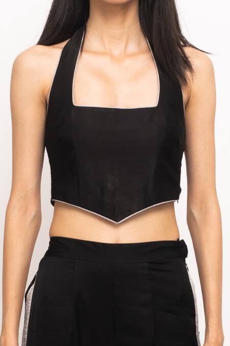 Buy_Neora By Nehal Chopra_Black Modal Embroidery Halter Neck Bustier And Flared Pant Set _Online_at_Aza_Fashions