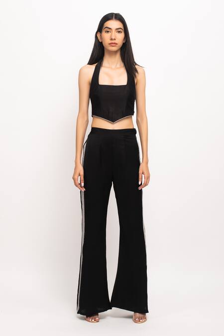 Shop_Neora By Nehal Chopra_Black Modal Embroidery Halter Neck Bustier And Flared Pant Set _Online_at_Aza_Fashions