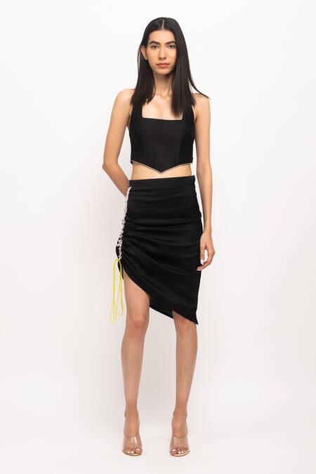 Neora By Nehal Chopra_Black Embroidery Halter Neck Bustier And Skirt Set _Online_at_Aza_Fashions