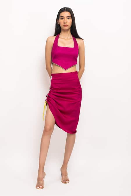 Neora By Nehal Chopra_Wine Lace, Tassels Halter Neck Solid Bustier And Skirt Set _Online_at_Aza_Fashions