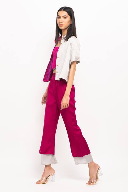 Buy_Neora By Nehal Chopra_Wine Silk Lace Collared, Sweetheart Neck Colorblock Crop Shirt And Pant Set _Online_at_Aza_Fashions