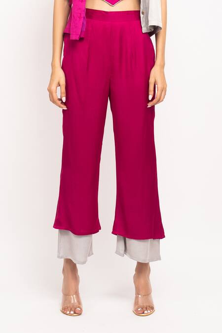 Shop_Neora By Nehal Chopra_Wine Silk Lace Collared, Sweetheart Neck Colorblock Crop Shirt And Pant Set _Online_at_Aza_Fashions