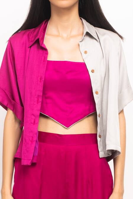 Neora By Nehal Chopra_Wine Silk Lace Collared, Sweetheart Neck Colorblock Crop Shirt And Pant Set _at_Aza_Fashions