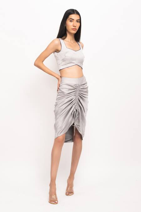 Neora By Nehal Chopra_Grey Square Neck Bustier And Ruched Skirt Set _at_Aza_Fashions