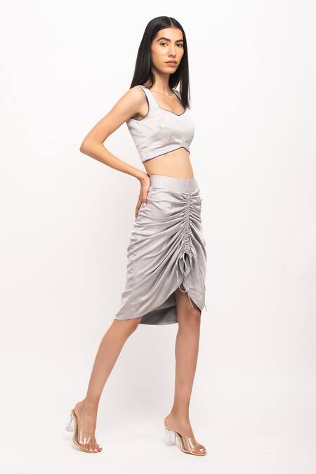 Shop_Neora By Nehal Chopra_Grey Square Neck Bustier And Ruched Skirt Set _Online_at_Aza_Fashions