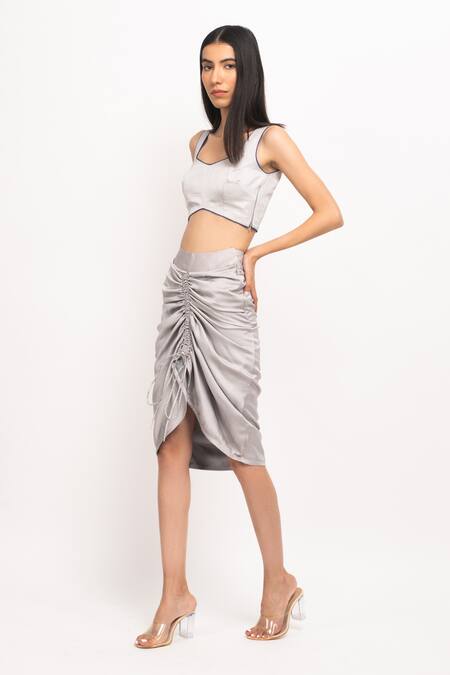 Shop_Neora By Nehal Chopra_Grey Square Neck Bustier And Ruched Skirt Set 