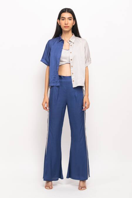 Neora By Nehal Chopra_Blue Bamboo, Silk Collared, Round Neck Colorblock Crop Shirt And Pant Set _Online_at_Aza_Fashions