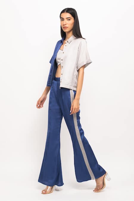 Buy_Neora By Nehal Chopra_Blue Bamboo, Silk Collared, Round Neck Colorblock Crop Shirt And Pant Set _Online_at_Aza_Fashions