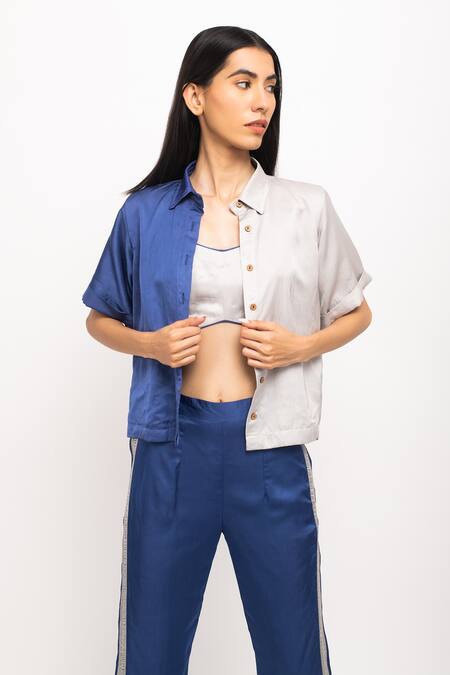 Shop_Neora By Nehal Chopra_Blue Bamboo, Silk Collared, Round Neck Colorblock Crop Shirt And Pant Set _Online_at_Aza_Fashions