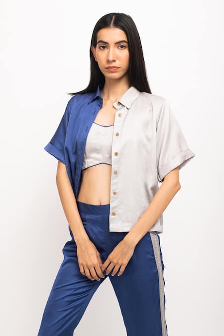 Neora By Nehal Chopra_Blue Bamboo, Silk Collared, Round Neck Colorblock Crop Shirt And Pant Set _at_Aza_Fashions