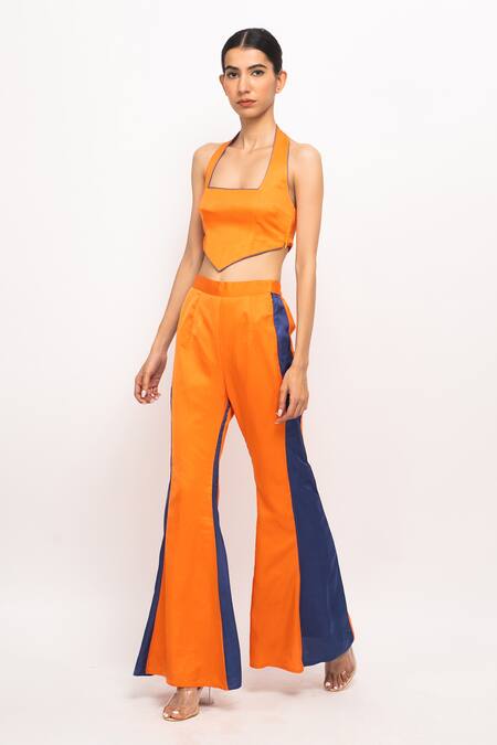 Shop_Neora By Nehal Chopra_Blue Halter Neck Bustier And Pant Set _Online_at_Aza_Fashions