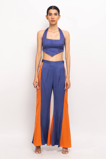 Neora By Nehal Chopra_Blue Silk Cut Work Halter Neck Solid Bustier And Pant Set _Online_at_Aza_Fashions