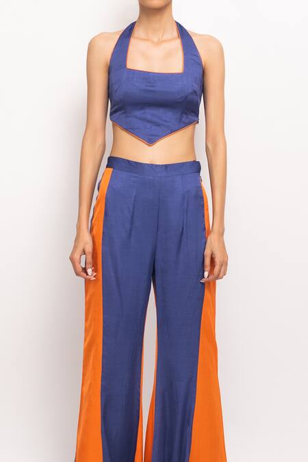 Buy_Neora By Nehal Chopra_Blue Silk Cut Work Halter Neck Solid Bustier And Pant Set _Online_at_Aza_Fashions