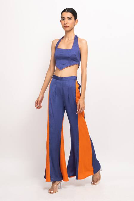 Shop_Neora By Nehal Chopra_Blue Silk Cut Work Halter Neck Solid Bustier And Pant Set _Online_at_Aza_Fashions