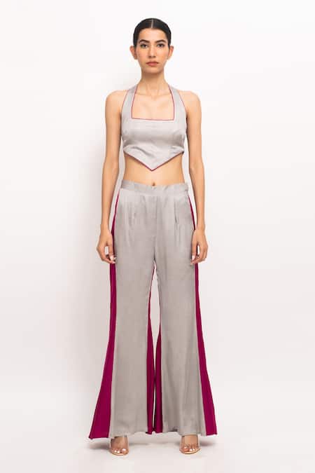 Neora By Nehal Chopra_Grey Halter Neck Solid Bustier And Pant Set _Online_at_Aza_Fashions