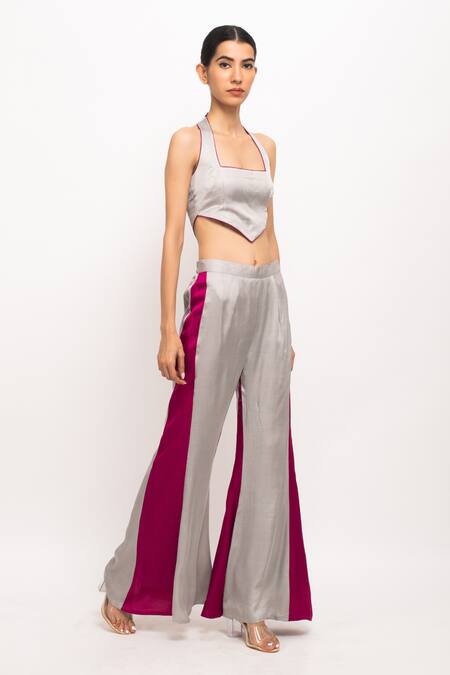 Shop_Neora By Nehal Chopra_Grey Halter Neck Solid Bustier And Pant Set _Online_at_Aza_Fashions
