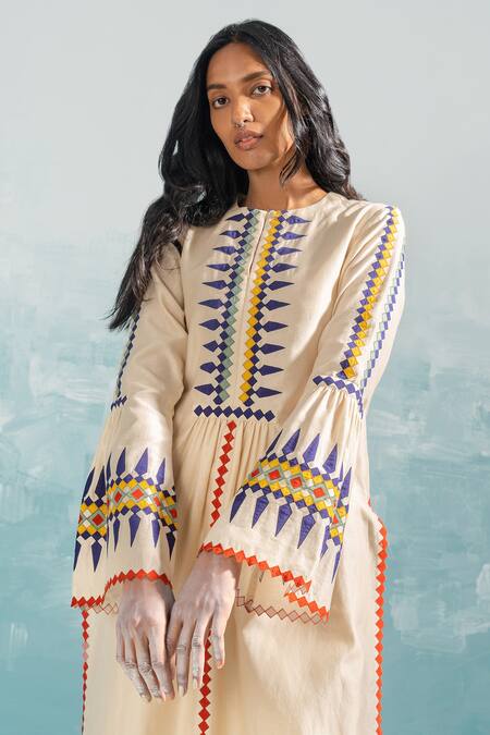 Ikai By Ragini Ahuja_Beige Cotton, Silk, Chanderi Applique Round Neck Nile Bell Sleeve Kurta_Online_at_Aza_Fashions