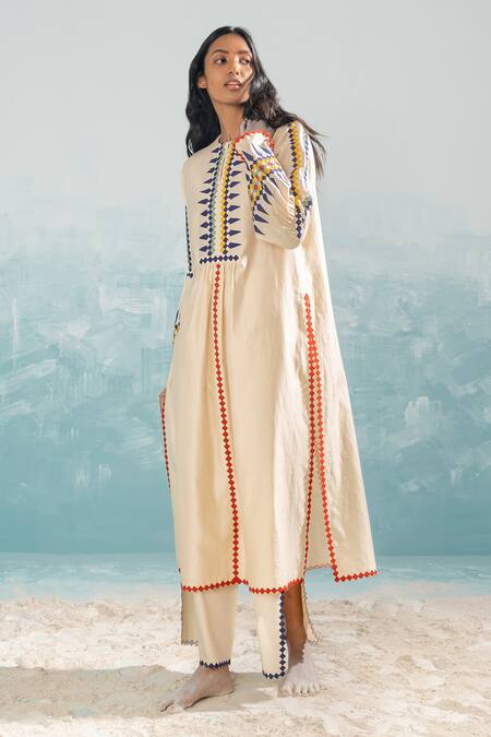 Buy_Ikai By Ragini Ahuja_Beige Cotton, Silk, Chanderi Applique Round Neck Nile Bell Sleeve Kurta_Online_at_Aza_Fashions
