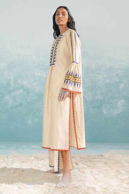 Shop_Ikai By Ragini Ahuja_Beige Cotton, Silk, Chanderi Applique Round Neck Nile Bell Sleeve Kurta_Online_at_Aza_Fashions