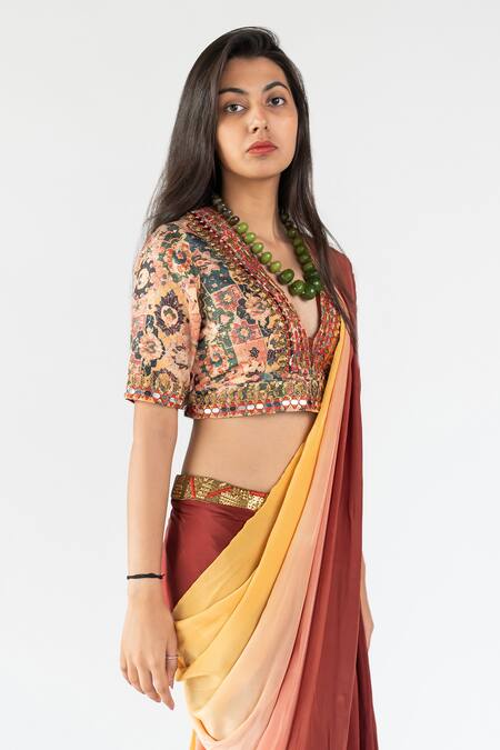 Buy Nikita Vishakha Brown Crepe Mirror, Sequin V Neck Ombre Dyed Cowl Skirt Saree With Blouse Online at Aza Fashions Buy_Nikita Vishakha_Brown Crepe Mirror, Sequin V Neck Ombre Dyed Cowl Skirt Saree With Blouse_Online_at_Aza_Fashions