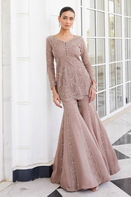 Charu And Vasundhara_Pink Net, Organza Beads Shuha Embroidered Kurta And Sharara Set _Online_at_Aza_Fashions