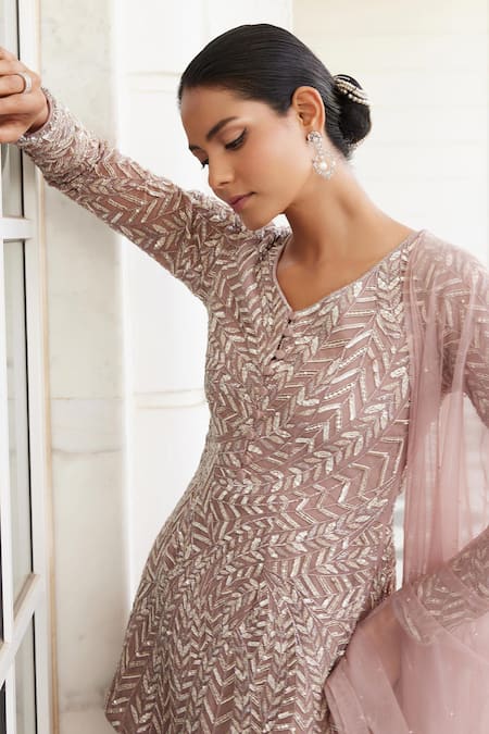 Charu And Vasundhara_Pink Net, Organza Embroidery, Sequins, Beads Selina Kurta Sharara Set _Online_at_Aza_Fashions