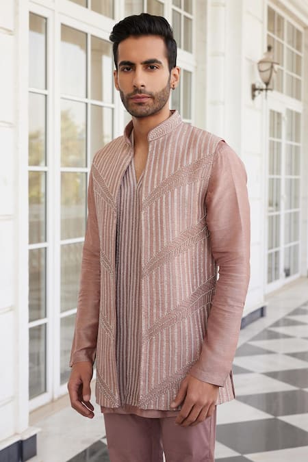 Charu And Vasundhara_Pink Silk, Cotton Cut Work, Embroidery Salmon Bundi And Kurta Set _Online_at_Aza_Fashions