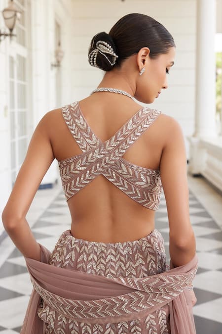 Charu And Vasundhara_Pink Net Cut Work, Sequins, Beads V-neck Sasha Leaf Pattern Bridal Lehenga Set _Online_at_Aza_Fashions