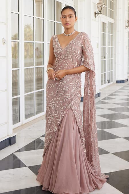 Charu And Vasundhara_Pink Silk Beads, Sequins V-neck Sithara Lehenga Saree With Embroidered Blouse _Online_at_Aza_Fashions
