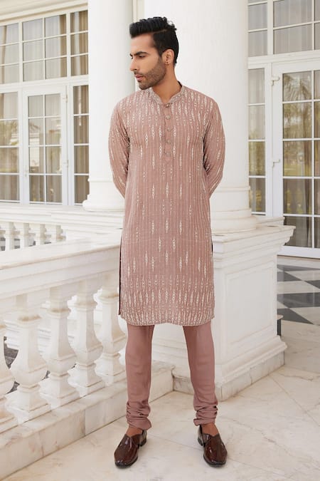 Charu And Vasundhara_Pink Bamboo, Silk Beads, Sequins, Cut Shane Straight Stripe Pattern Kurta Set _Online_at_Aza_Fashions