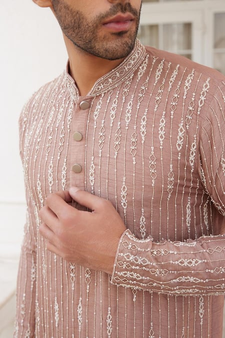 Buy_Charu And Vasundhara_Pink Bamboo, Silk Beads, Sequins, Cut Shane Straight Stripe Pattern Kurta Set _Online_at_Aza_Fashions