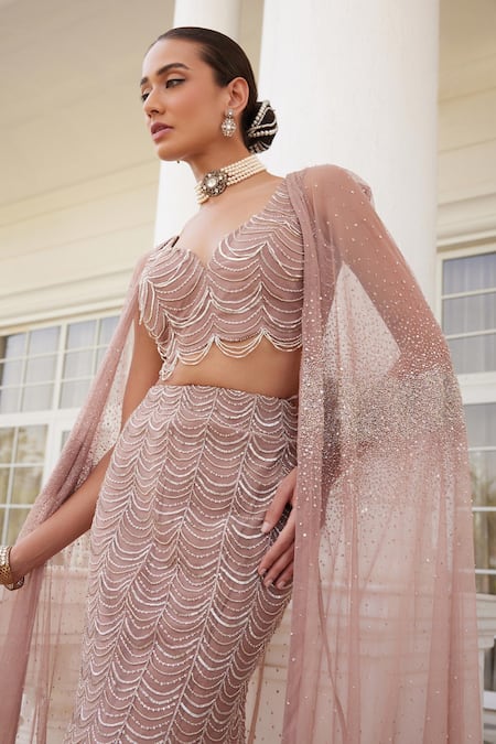 Shop_Charu And Vasundhara_Pink Net Sequins, Cut Work, Siona Scallop Embroidered Cape Fish Lehenga Set _Online_at_Aza_Fashions