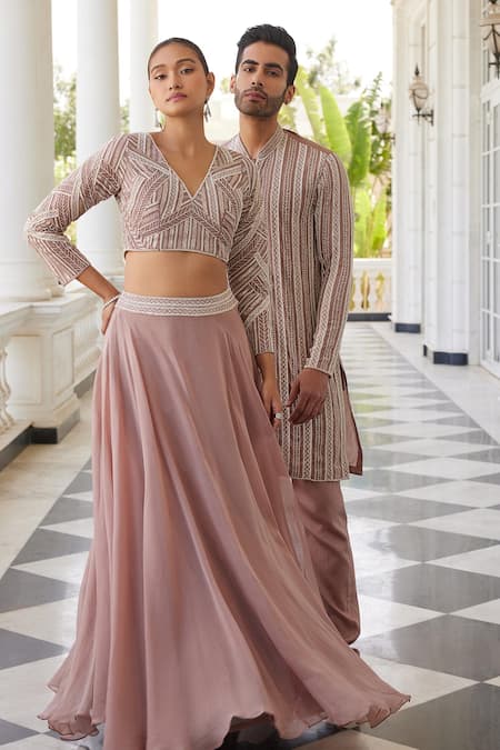 Buy_Charu And Vasundhara_Pink Net, Organza Cut Work, Sequins, Skye Waistband Embroidered Lehenga Set _Online_at_Aza_Fashions