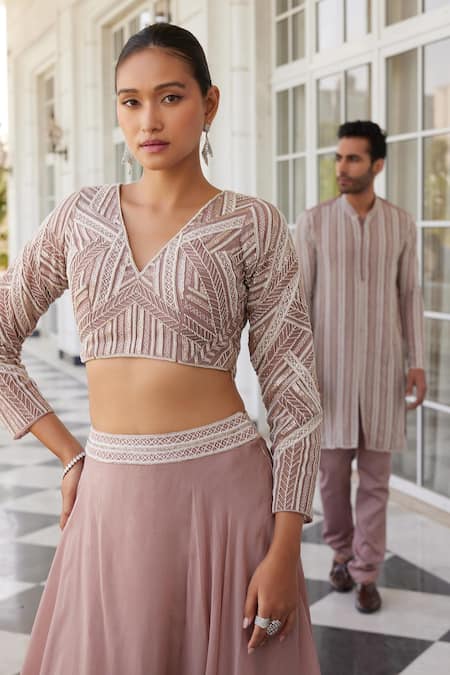 Charu And Vasundhara_Pink Net, Organza Cut Work, Sequins, Skye Waistband Embroidered Lehenga Set _at_Aza_Fashions