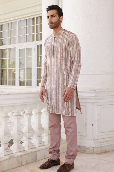 Charu And Vasundhara_Pink Bamboo, Silk Beads, Sequins Sevyn Straight Embroidered Kurta Set _Online_at_Aza_Fashions