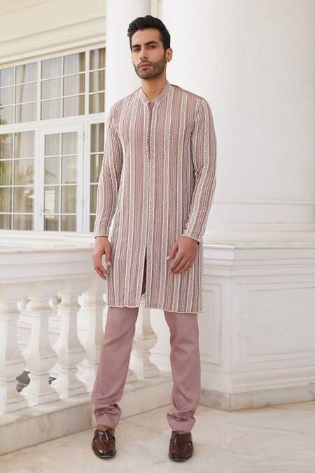 Buy_Charu And Vasundhara_Pink Bamboo, Silk Beads, Sequins Sevyn Straight Embroidered Kurta Set _Online_at_Aza_Fashions